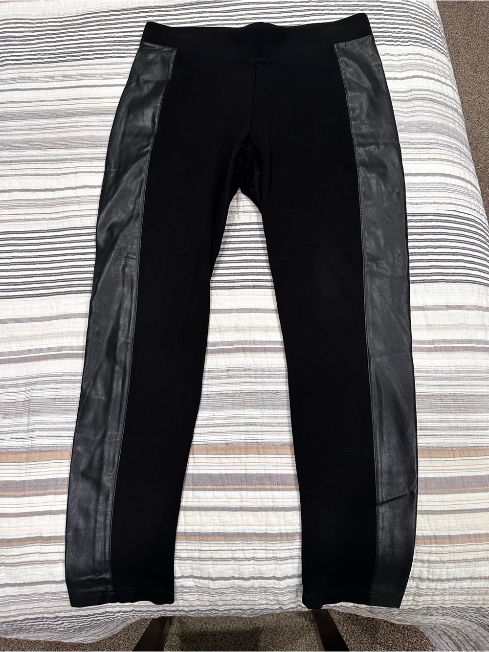 Cabi Bexley Ponte Leggings Faux Leather Stripe Black Stretch Pull On